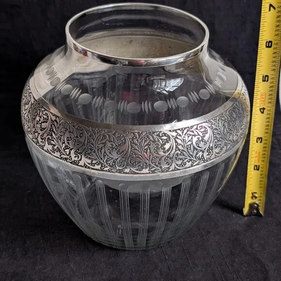 Vintage Fine American Cut/Etched/Frosted Glass Vase W/ Silver Overlay 6.2